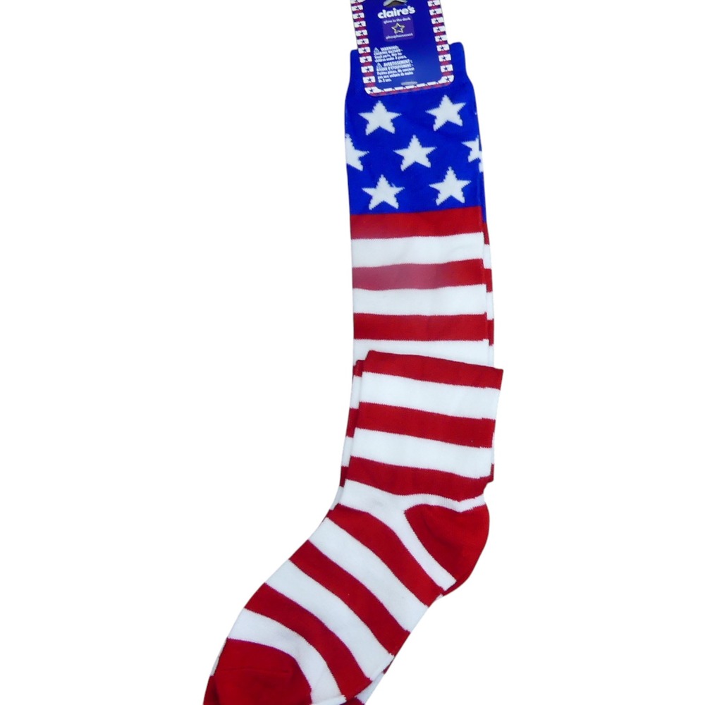 Claire's Knee High Socks Girls OS Red White Blue NEW Glow In The Dark USA Flag